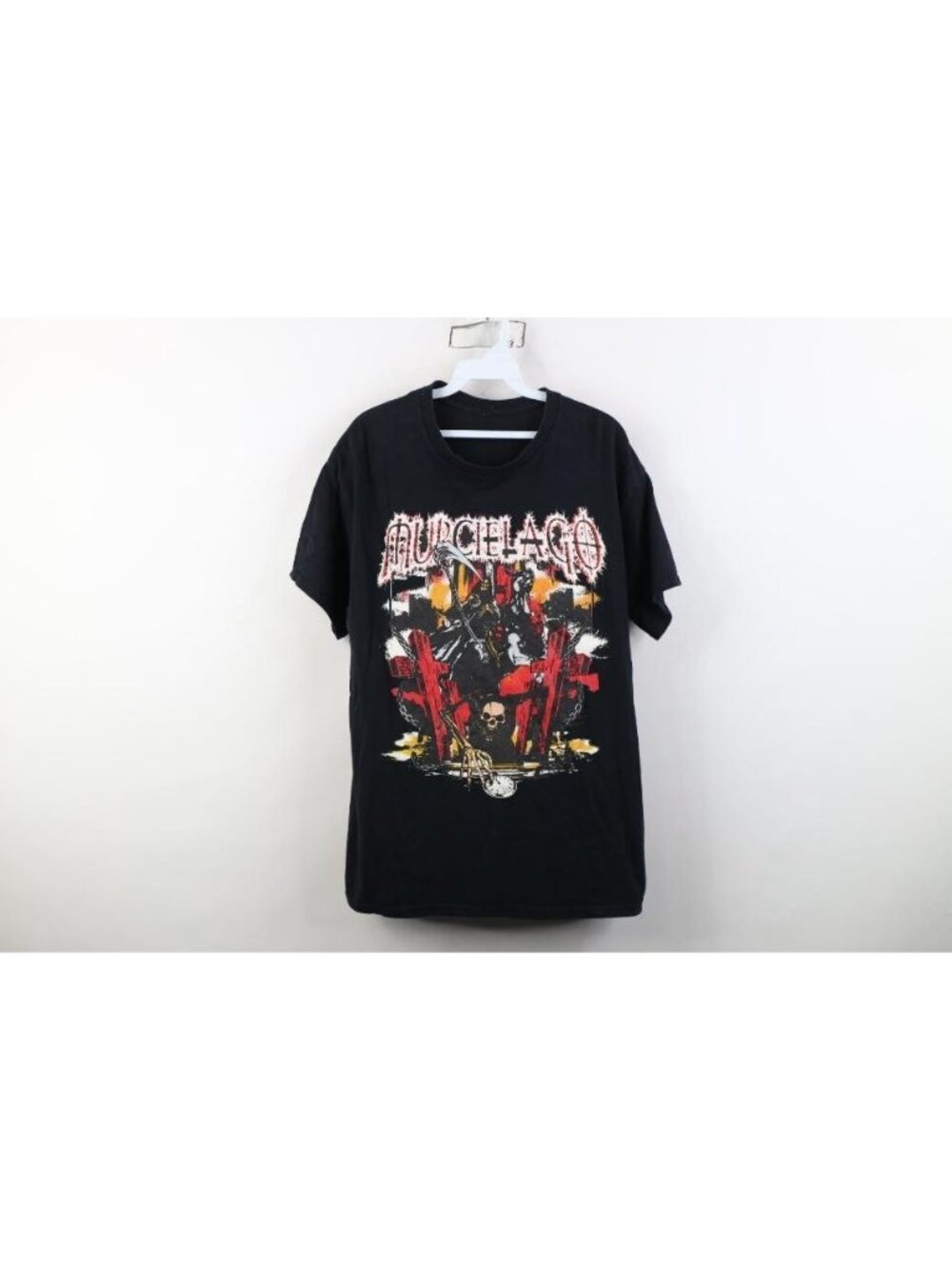 Vintage Y2K Mens Large Skeleton Devil Murcielago Band Short Sleeve T-Shirt Black